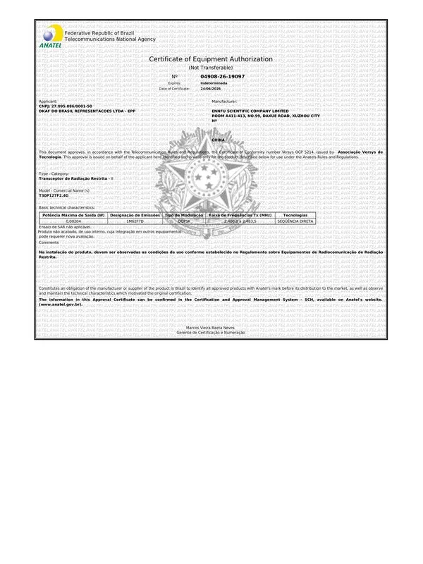 ANATEL certificate &mdash; 04908-26-19097