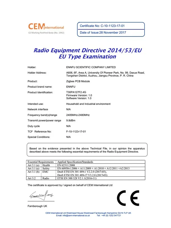 CE RED certificate (T30PA127F2.4G) &mdash; C-10-1123-17-01