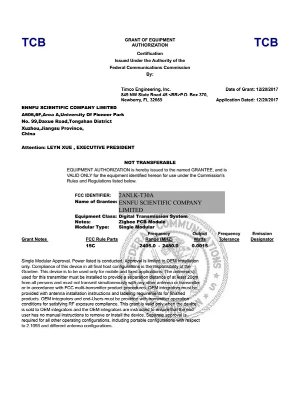 FCC ID 2ANLK-T30A certificate