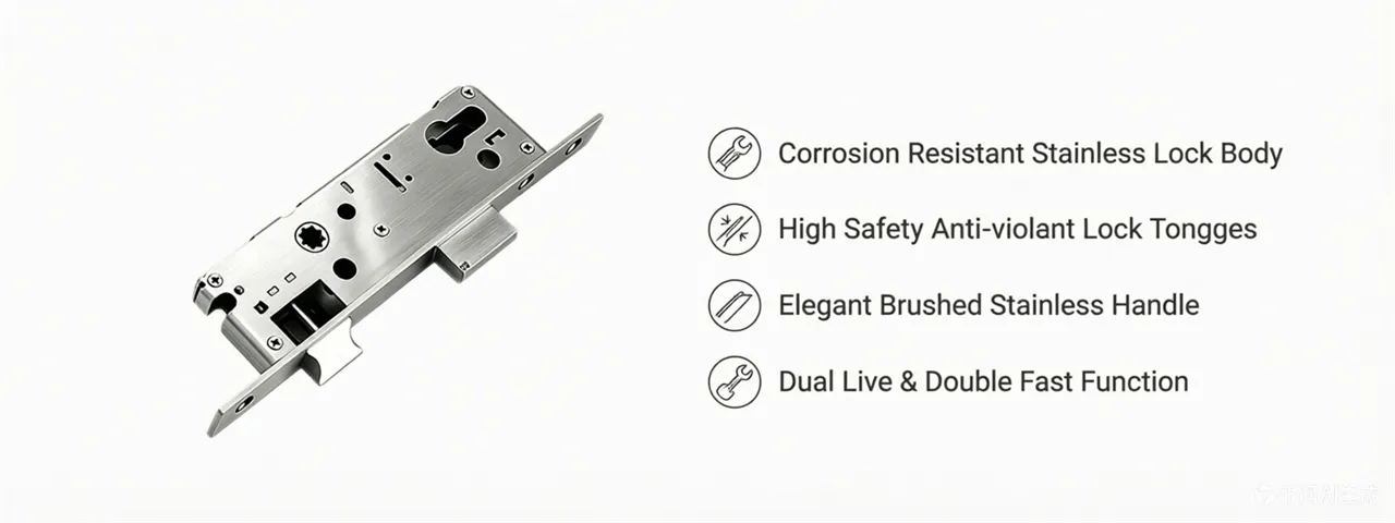 Q1 Smart Lock - Lock Body Features: Corrosion Resistant Stainless Body, High Safety Anti-violent Lock Tongues, Elegant Brushed Stainless Handle, Dual Live & Double Fast Function