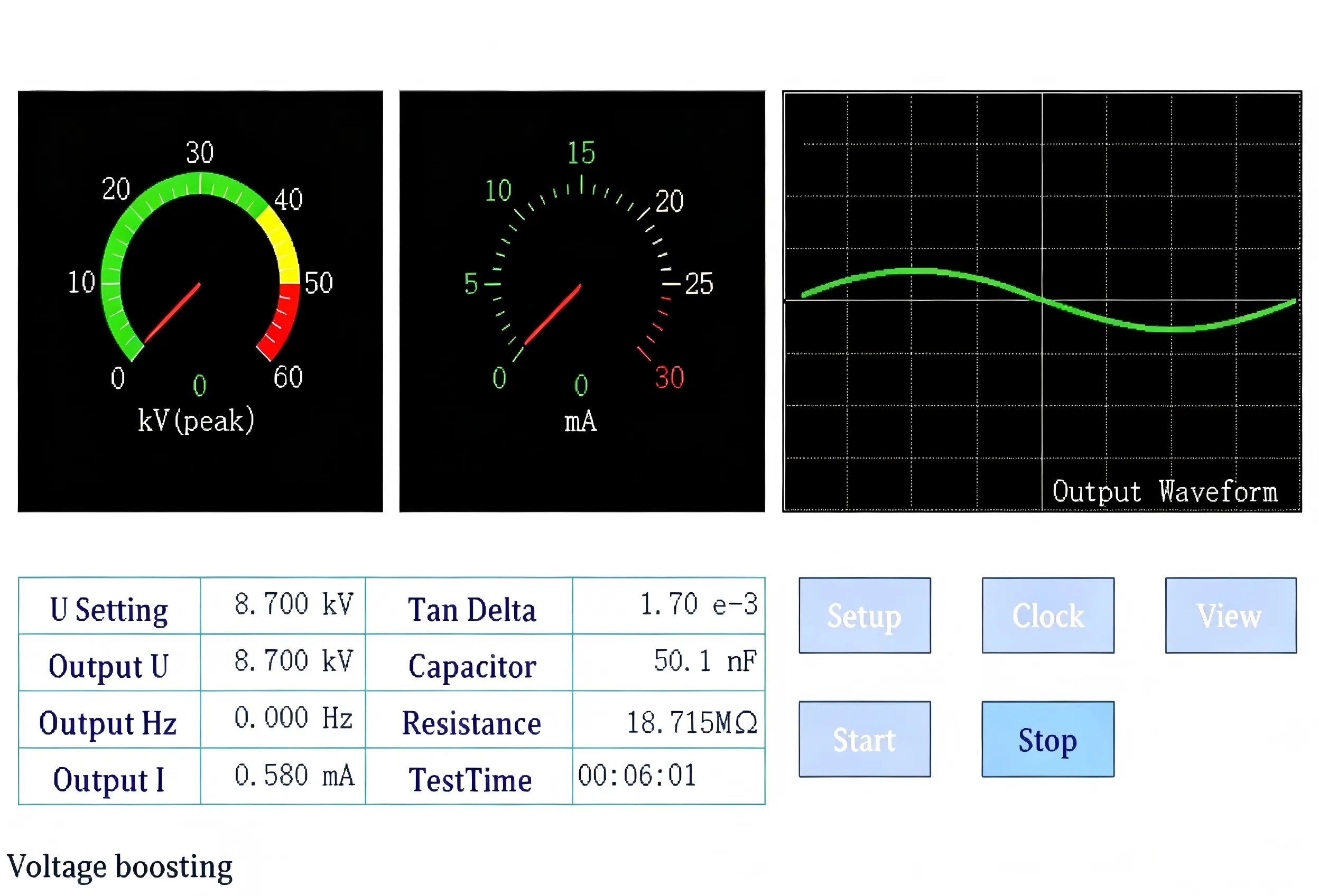 Device UI with kV/mA gauges and waveform
